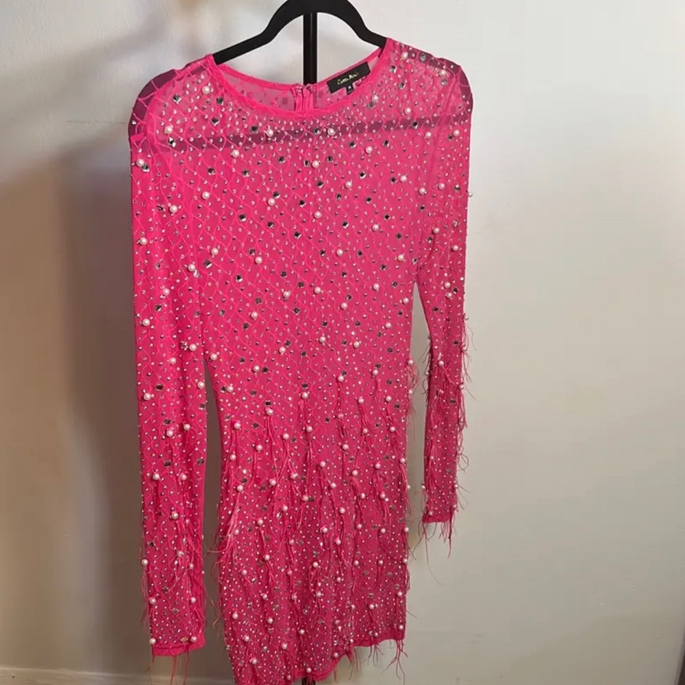 Pink Long Sleeve Rhinestone Dress